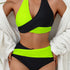 Bikini Black and White Contrast Color Criss Cross Neck 2 Piece Swimsuit for Women – Stylish Medium Stretch Two-Tone Bikini Set with Unique Neckline and Flattering Fit – Modern Swimwear for Beach Days, Pool Lounging, and Summer Escapes