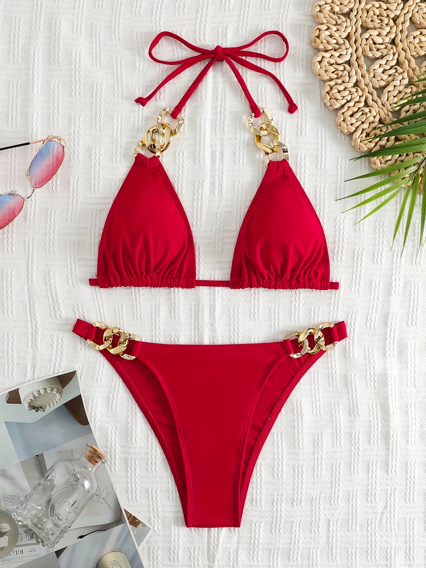 Luxe Chain Link Triangle Halter Bikini Set – Chic V Neck 2 Piece Swimsuit with Lace-Up Tie Back High Stretch Nylon Blend and Sleek Solid Color Finish – Women's Elegant Swimwear for Summer Beach & Pool Style