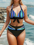 New Bikini Striped Bow Halter High Waist 2 Piece Swimsuit for Women – Colorful Backless Bikini Set with Knot Detail for Summer – Stretchy Retro-Inspired Summer Bathing Suit for Beach Vacation Pool Party Resort Look