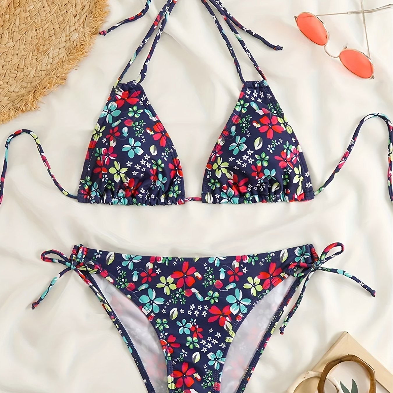 Sunset Bloom 2-Piece Triangle Bikini Set for Women – Vibrant Random Floral Print Halter Neck Swimsuit with Tie-Back Tie-Side Bottoms & High Cut Legs – Women's High-Stretch Swimwear for Summer Beach Escapes