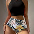 Island Bloom High Waist Bikini Set for Summer – Colorblock Tropical Print Two-Piece Swimsuit with Round Neckline Ultra-Stretch Fit & Applique Detail – Stylish and Comfortable Women’s Swimwear for Pool Beach & Summer Escapes