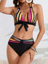 New Bikini Striped Bow Halter High Waist 2 Piece Swimsuit for Women – Colorful Backless Bikini Set with Knot Detail for Summer – Stretchy Retro-Inspired Summer Bathing Suit for Beach Vacation Pool Party Resort Look