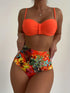 Bikini Tangerine Red Tropical Floral High Waist 2 Piece Swimsuit for Women – Stretchy Off the Shoulder Lace Up Bikini Set with Tummy Control and Customized Fit – Vibrant Summer Beachwear for Vacation Poolside and Resort Looks