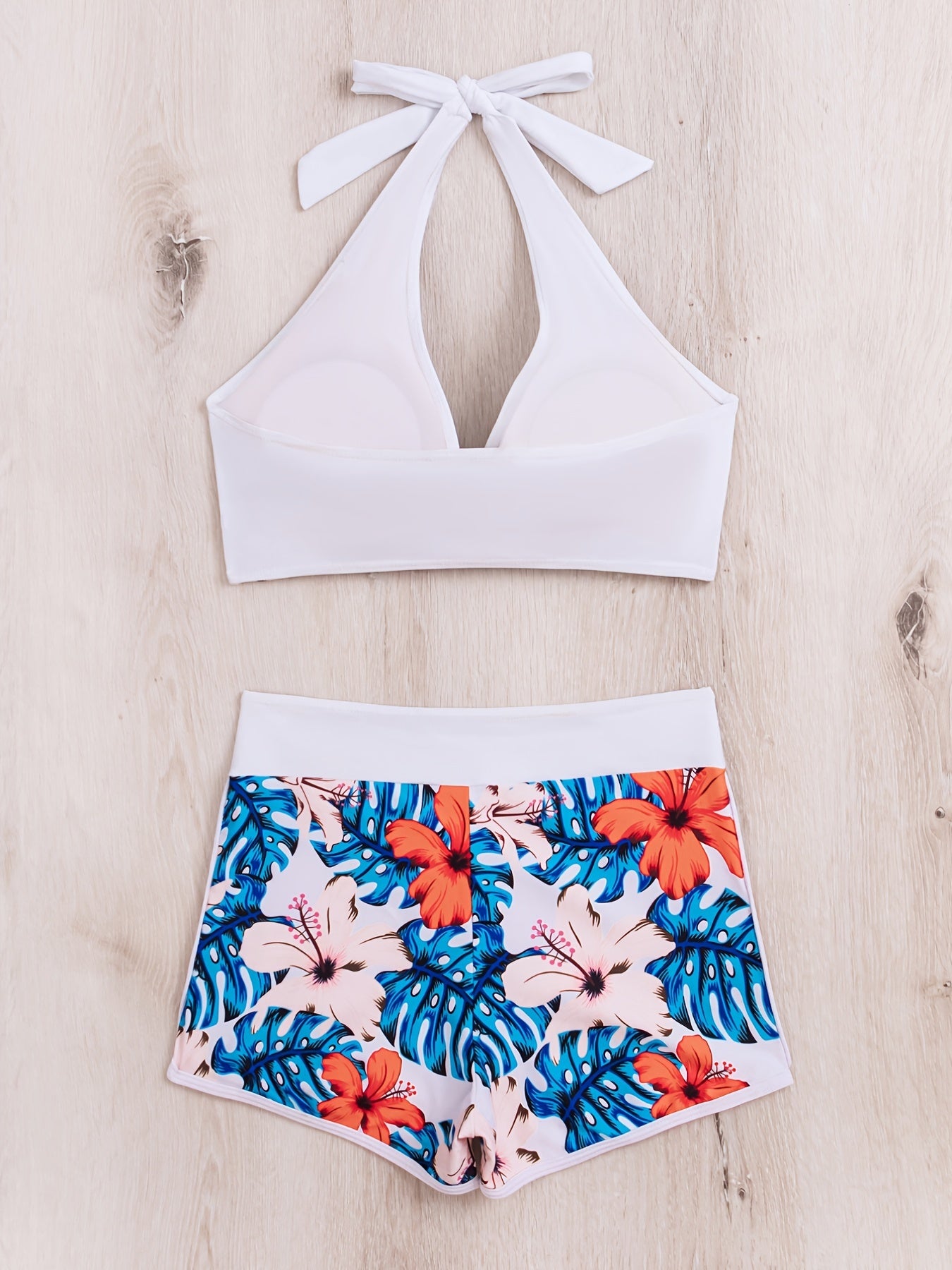 Bikini Floral Halter Neck 2 Piece Swimsuit for Women – Elegant Backless Bikini Set with Tie-Neck Bow and High Waist Shorts Bottoms – Stretchy and Comfortable Summer Swimwear for Beach Pool and Vacation