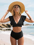 Bikini Black Solid Color Ruffle V Neck 2 Piece Swimsuit for Women – High Waisted Flattering Bikini Set with Lettuce Trim Bottoms – Sleek Stretchy Fabric Swimwear for Beach Days Poolside Style and Summer Vacation Looks