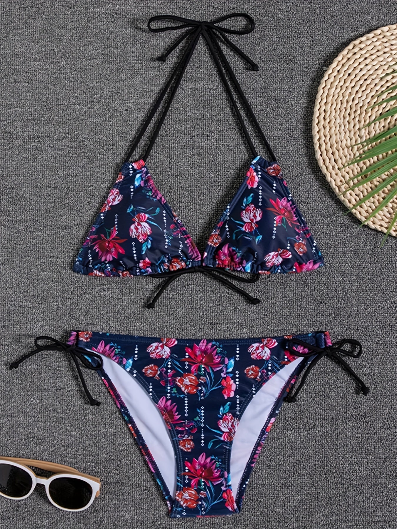 Sunset Bloom 2-Piece Triangle Bikini Set for Women – Vibrant Random Floral Print Halter Neck Swimsuit with Tie-Back Tie-Side Bottoms & High Cut Legs – Women's High-Stretch Swimwear for Summer Beach Escapes