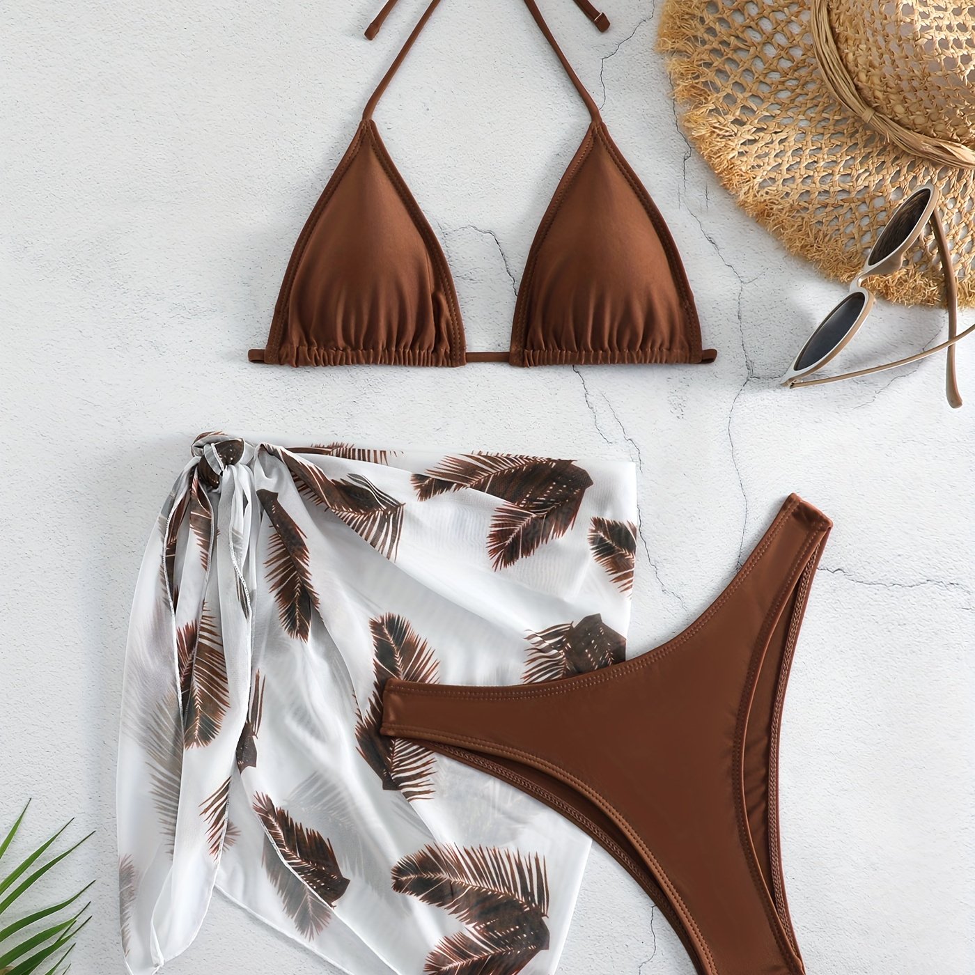 Feather Luxe 3-Piece Bikini Set – Exotic Feather Print Halter Neck Backless Swimsuit with High Cut Tie Back Bottoms and Wrap Cover-Up – Women’s High-Stretch Comfortable Swimwear for Summer Beach & Pool Vacations