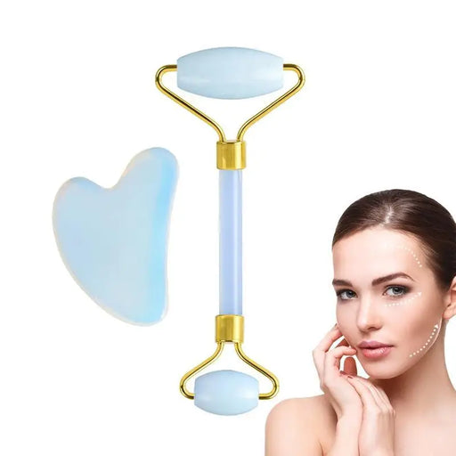 100% Natural Opal Clear Blue Roller Guasha Set - Massage Beauty Tools for Skin Firming Natural Glow and Stress Relief - ALLURELATION - 576, Face skin care tools, guasha scraper set, massage, opal jade roller se, Skin beauty tools, skin care, Skin care tools - Stevvex.com