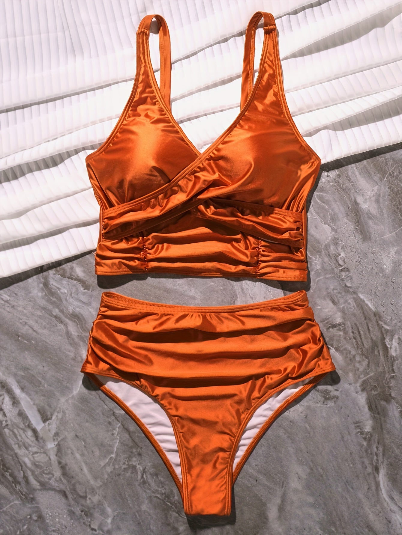 Bikini Solid Black Twist Front High Waist 2 Piece Swimsuit for Women – Stretchy V Neck Bikini Set with Ruched Tummy Control and Cross Strape Detail – Quick Drying Polyamide Swimwear for Beachwear Poolside and Summer Travel