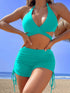 Coastal Curve Halter Bikini Set for Women – V-Neck Crisscross Drawstring Swimsuit with Chic Ring Detail & High-Waisted Boxer Shorts for Summer – Sleek Two-Piece Nylon Swimwear for Women’s Beach & Poolside Style