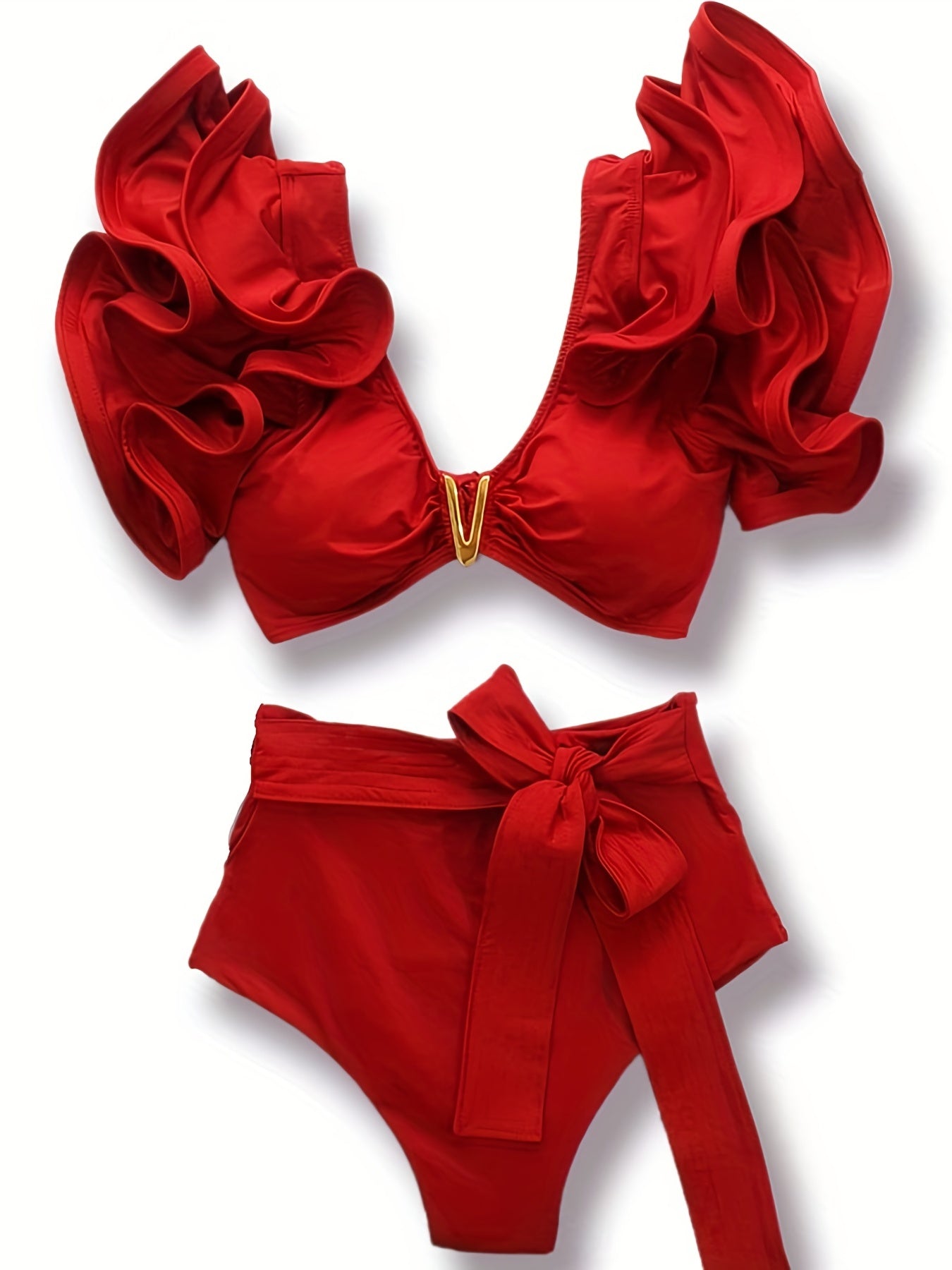 New Vibrant Ruffle V-Notch Bikini Set – Flattering Tie Front Design with High Waist & High Cut Bottoms – Solid Color Two-Piece Swimsuit for Women’s Valentine’s Day Beachwear Poolside Lounging & Summer Escapes