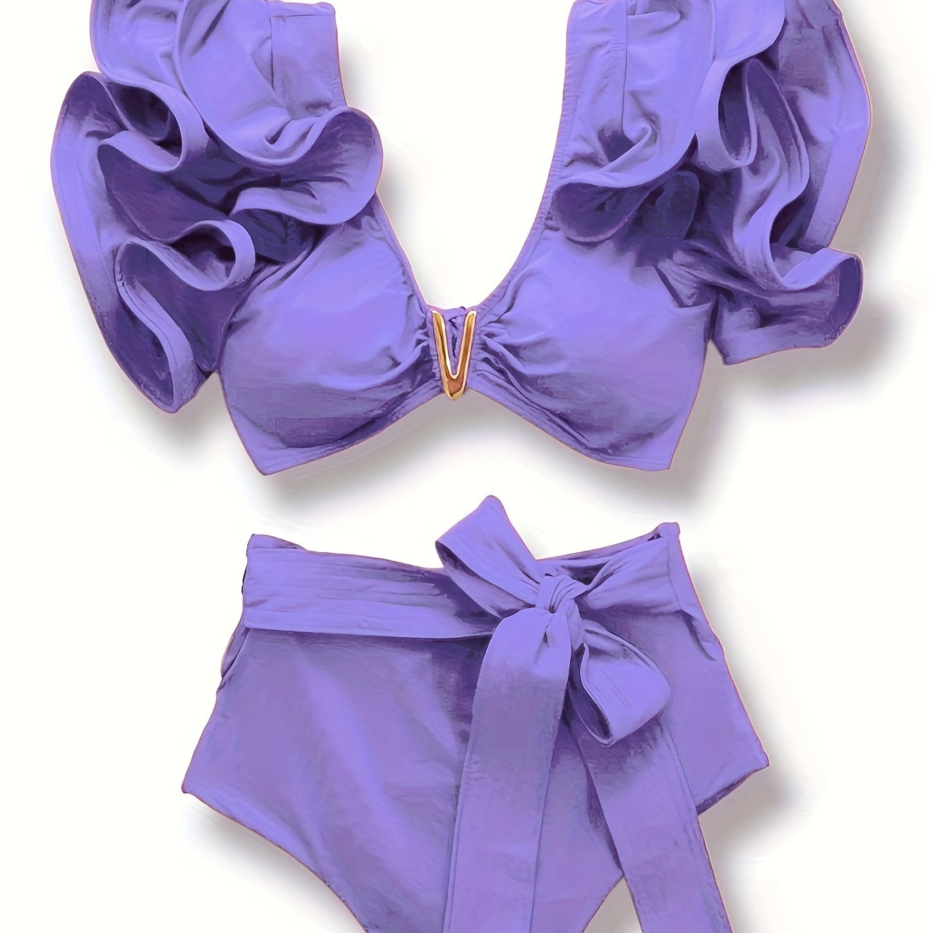 New Vibrant Ruffle V-Notch Bikini Set – Flattering Tie Front Design with High Waist & High Cut Bottoms – Solid Color Two-Piece Swimsuit for Women’s Valentine’s Day Beachwear Poolside Lounging & Summer Escapes