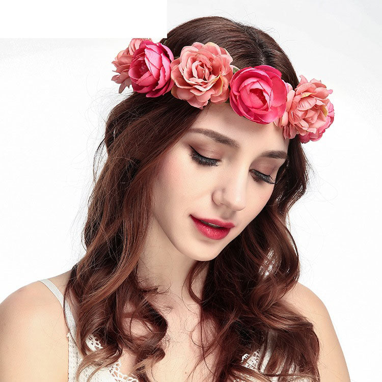 Spring Pearl Crowns Beach Hawaii Floral Garland Romantic Faux Rose Wedding Wreaths Flower Headband Girl Bride Rose Flower Crown Wedding Festival Headband