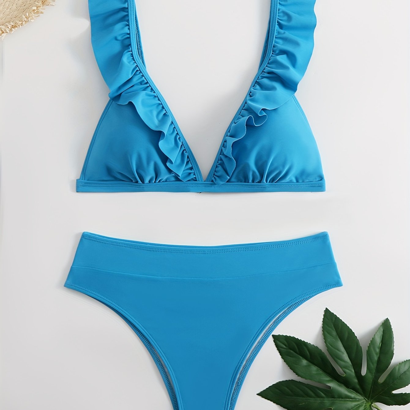 New Elegance Curve V-Neck Bikini Set – Sleek Solid Color High Waist Swimsuit with High-Cut Leg and Delicate Lettuce Trim – Stretch Comfort and Easy-Care Two-Piece Swimwear for Women’s Poolside Style