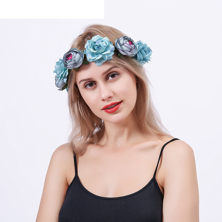 Spring Pearl Crowns Beach Hawaii Floral Garland Romantic Faux Rose Wedding Wreaths Flower Headband Girl Bride Rose Flower Crown Wedding Festival Headband