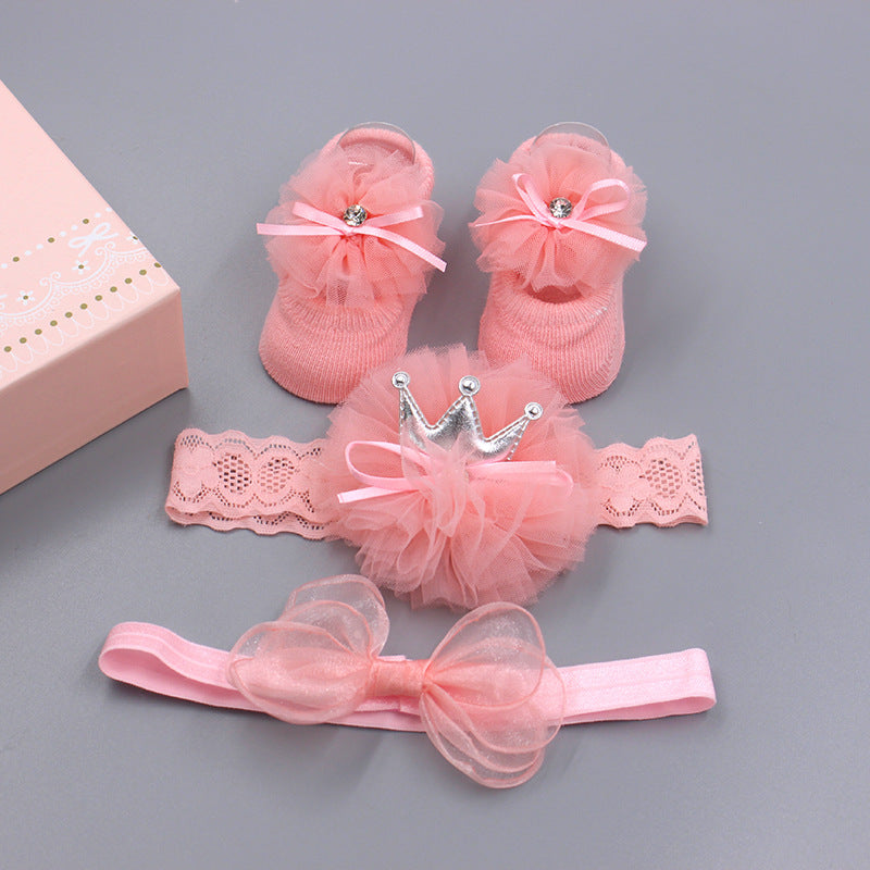 Flower Baby Girl Headband Socks Set Shoes With  Crown Bows Newborn Headbands For Girls Turban Baby Hair Accessories