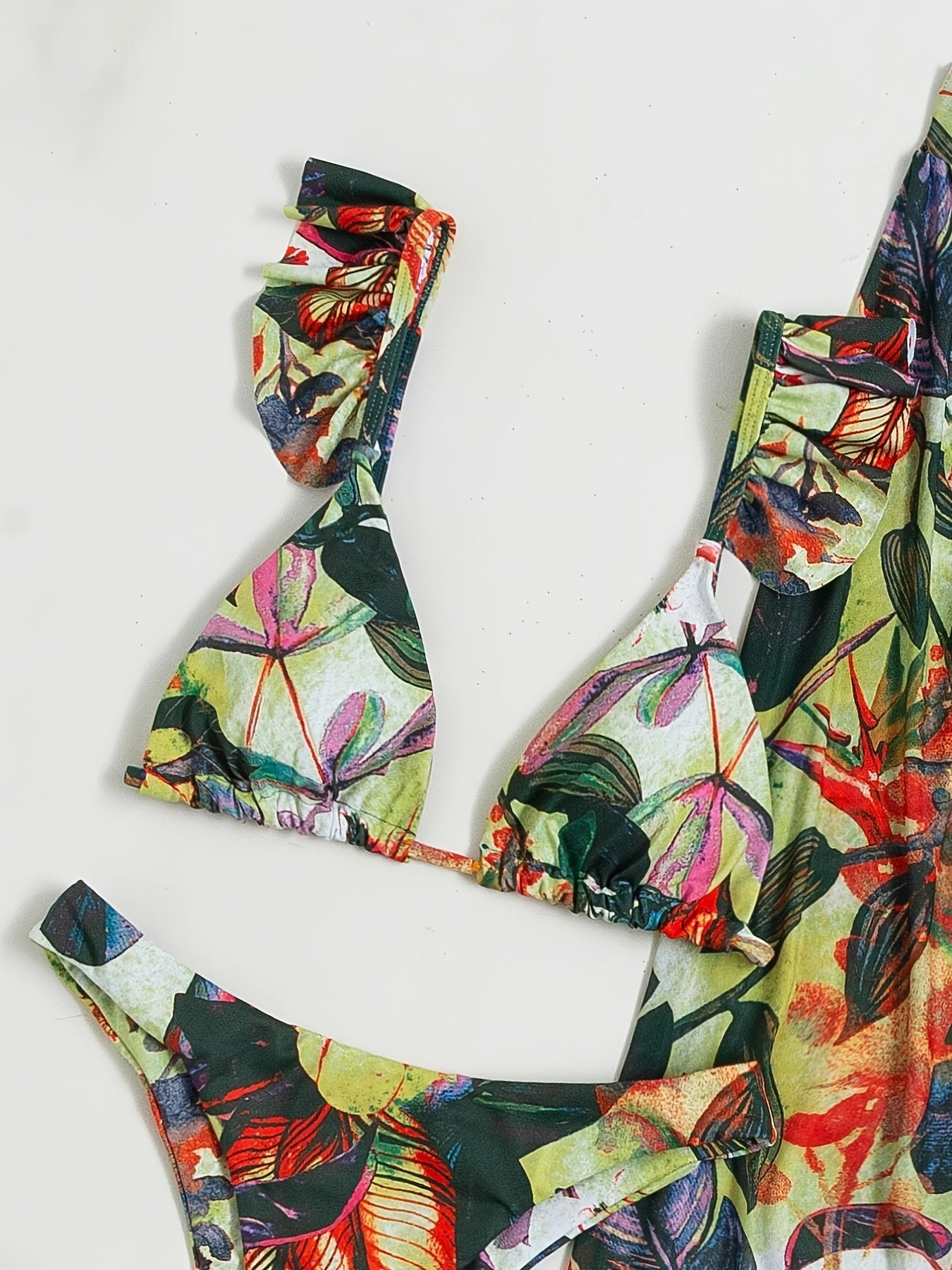 Bloom Breeze 3-Piece Bikini Set – Elegant High Cut Floral Fluttering Swimsuit with Lettuce Trim Tie Back Bandeau and Coordinating Cover Up Skirt – Women's Romantic Swimwear for Beach & Resort Vacations