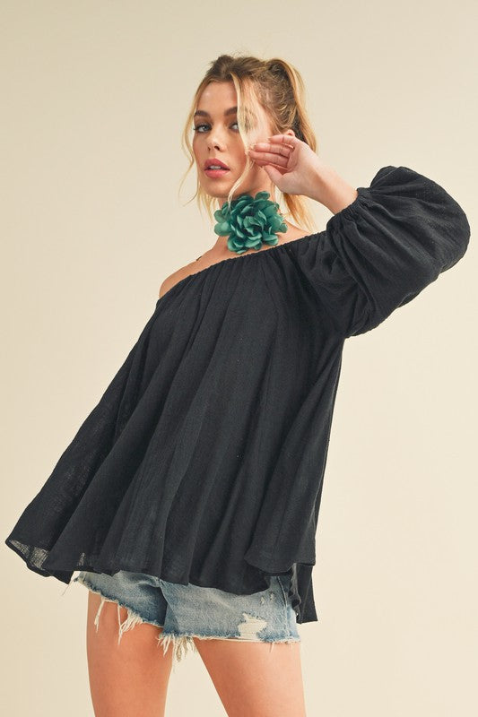 Off-Shoulder Balloon Sleeve Blouse For Women – Elegant Fluttering Feminine Boho Glam Style With Drama Sleeves