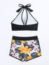 Bikini Floral Halter Neck 2 Piece Swimsuit for Women – Elegant Backless Bikini Set with Tie-Neck Bow and High Waist Shorts Bottoms – Stretchy and Comfortable Summer Swimwear for Beach Pool and Vacation