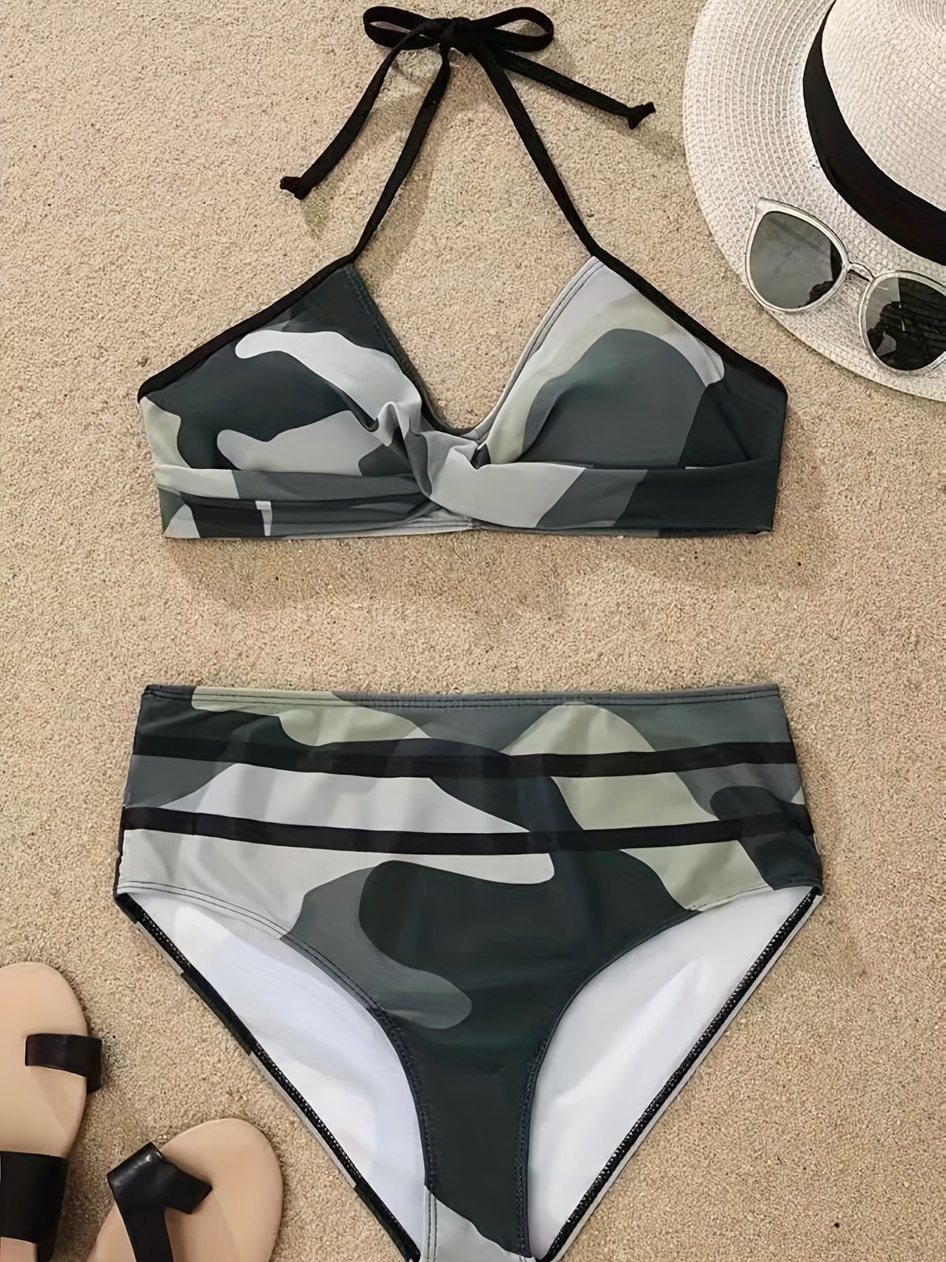 Bikini Camo Print 2 Piece High Cut Halter Swimsuit for Women – Vibrant V Neck Backless Bikini Set with Ruched Detail – Comfortable Stretchy Swimwear for Beach Pool and Summer Vacation
