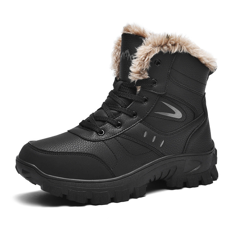 Brown Soft Winter Warm Leather Mens Boots Fur Snow Boots Outdoor Winter Casual Shoes Rubber Ankle Boots Non Slip Fur Lined Boots Leather Comfortable Mens Mountain Shoes
