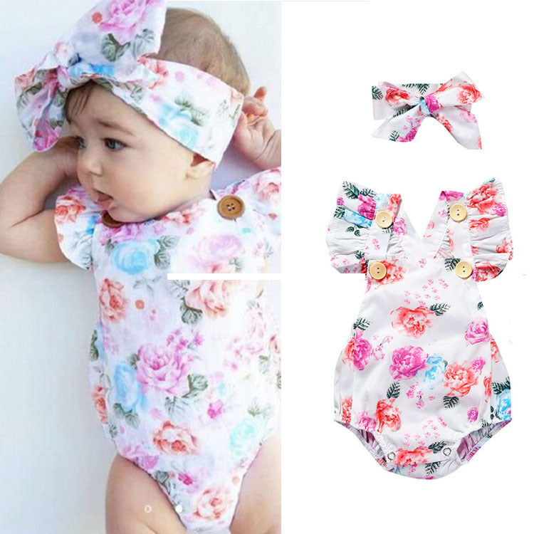 Baby Girls Summer Romper and Headband Jumpsuit Floral Sun suit Outfits 2 pieces With Bow In Modern Floral Design