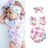 Baby Girls Summer Romper and Headband Jumpsuit Floral Sun suit Outfits 2 pieces With Bow In Modern Floral Design