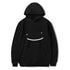 Black hoodie with a smiley face design on a white background