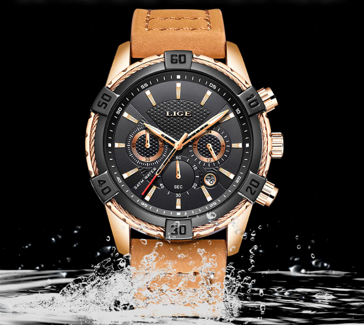 Men's Waterproof Watch With Chronometers Date Display Gold Detail Excellent Background Perfect Gift