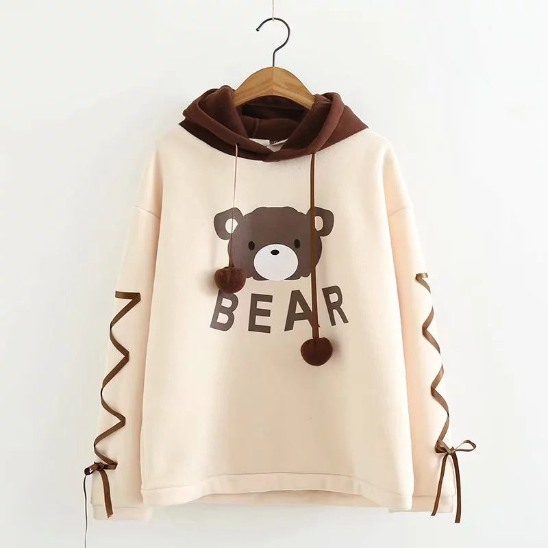 Woman Bear Cap Hoodies Sweatshirt Top Women Long Sleeve Ribbon Hair Ball Cute Sweatshirt Hooded Jumper Pullover Hoodie Hooded Sweatshirt