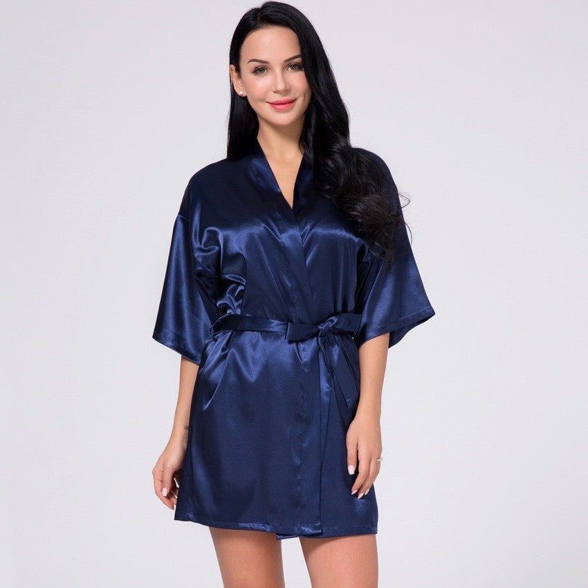 Luxury White Silk Women Bathrobe Soft Short Ladies Sleepwear Indoor Bathrobe Party Sleepwear With Waist Belt