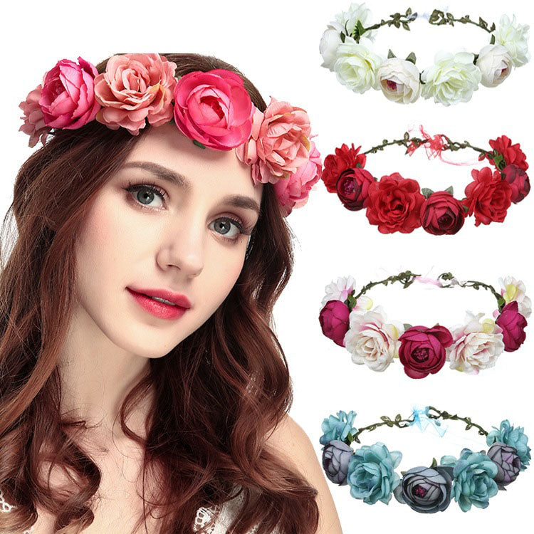 Spring Pearl Crowns Beach Hawaii Floral Garland Romantic Faux Rose Wedding Wreaths Flower Headband Girl Bride Rose Flower Crown Wedding Festival Headband
