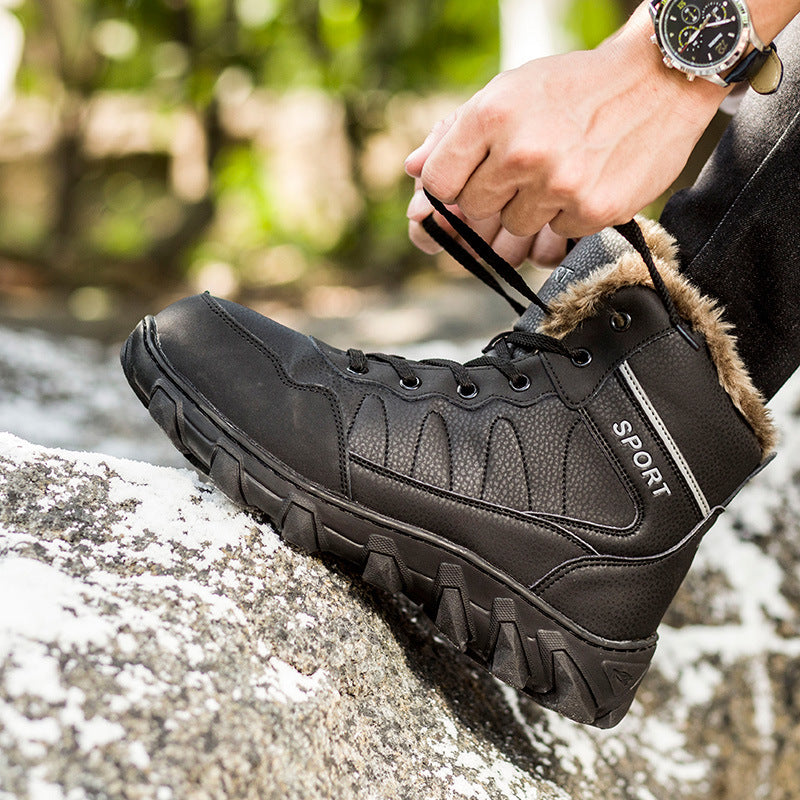Mens Ankle Snow Boots Winter Fur Warm Leather Outdoor Walking Mountain Climbing Waterproof Snow Boots Outdoor Warm Non Slip Fur Lined Ankle Boots Leather Winter Shoes