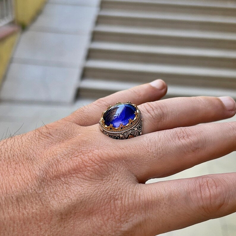Real 925 Sterling Silver Men Rings Oval Natural Agate Stone Rings Castle Thai Silver Men Rings Turkish Wedding  Jewelry Rings Artisan Diamond Blue Gem Carved Ring
