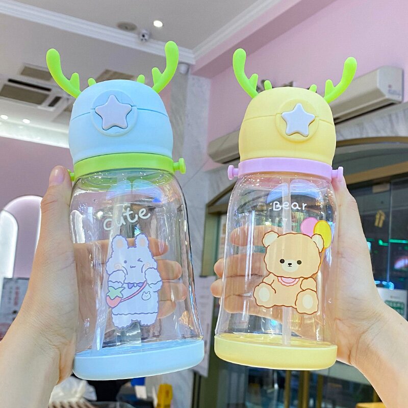 600ML Water Bottle Kids Drinking Cup Deer Antler Creative Cartoon Feeding Cup With Straw Leak Proof Water Bottle Outdoor Cartoon Horn Shaped Water Bottle With Straw And Handle Holder Removable Water Bottle For Easy Cleaning