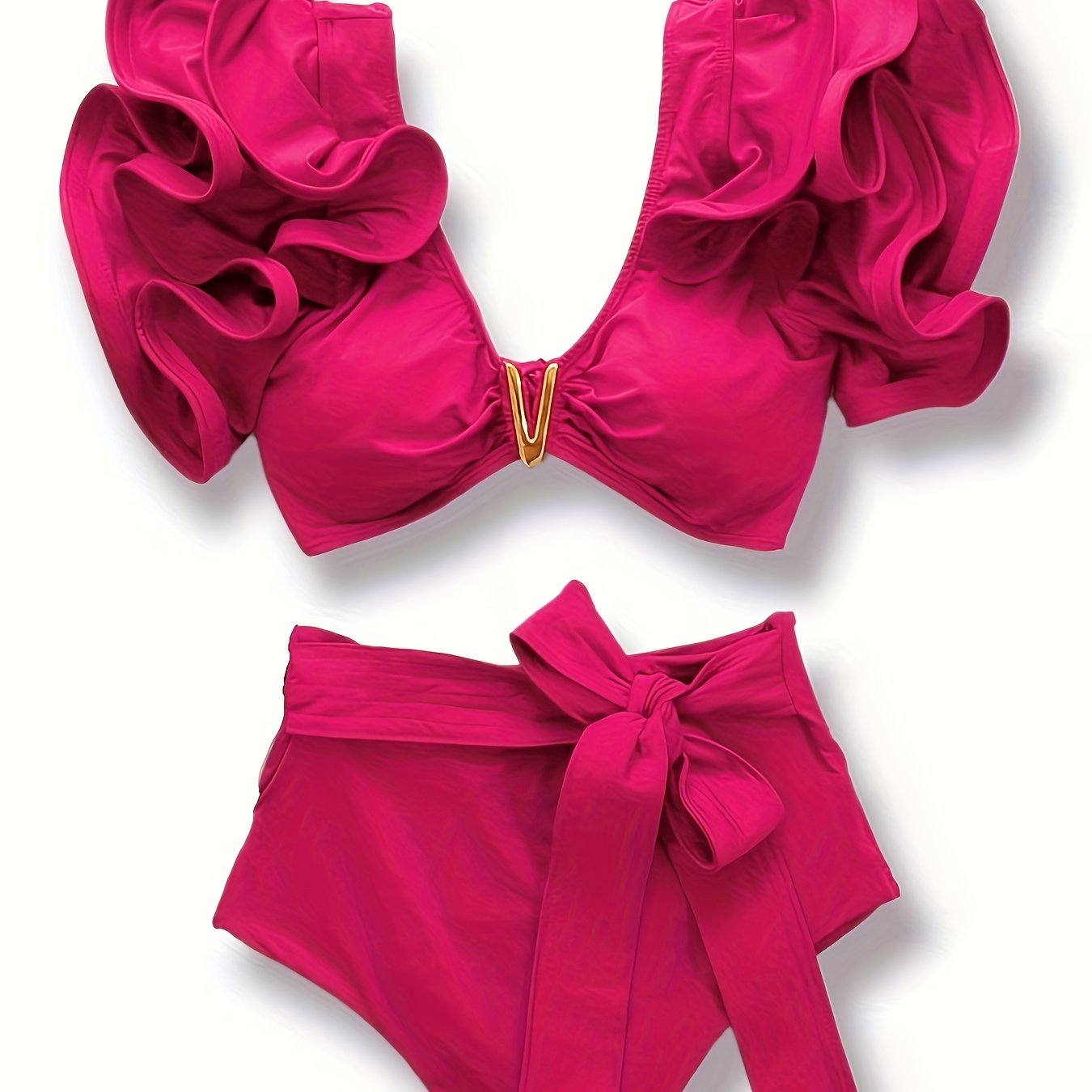 New Vibrant Ruffle V-Notch Bikini Set – Flattering Tie Front Design with High Waist & High Cut Bottoms – Solid Color Two-Piece Swimsuit for Women’s Valentine’s Day Beachwear Poolside Lounging & Summer Escapes