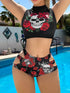 Bikini Skull Print Hollow-Out 2 Piece Swimsuit for Women – Sexy Lace-Up Floral Tie Bathing Suit with Crew Neck – High Stretch Halloween Inspired Bikini Set for Beach Party, Festival, and Summer Vacation