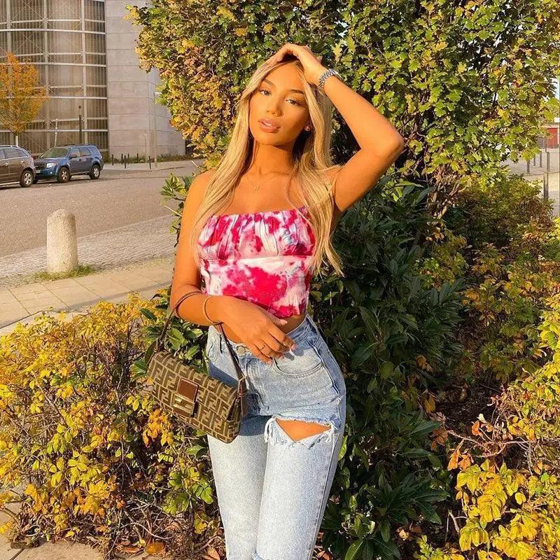 2021 Women fashion tops Tie Dye Print Satin Strap Camis Crop Top Lace Up Back cute tops for summer - ALLURELATION TOPS - - Stevvex.com