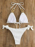 Bikini Ruched Texture Golden Chain 2 Piece Triangle Swimsuit for Women – Striped Halter Bikini Set with Bow Tie Side and Elegant Ring Link Detail – Stretchy Beachwear for Pool Bathing and Summer Vacations