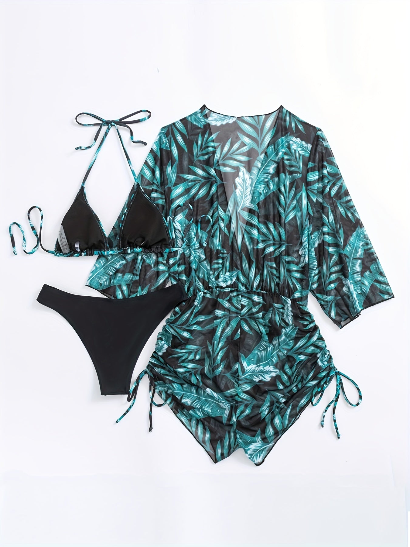 Island Bloom 3-Piece Bikini Set for Women – Tropical Leaf Print Fluttering Swimwear with Flattering Halter Neck Top High Waist Bottoms & Adjustable Drawstring Cover Up – Perfect for Koningsdag Celebrations & Summer Adventures