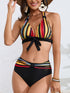 New Bikini Striped Bow Halter High Waist 2 Piece Swimsuit for Women – Colorful Backless Bikini Set with Knot Detail for Summer – Stretchy Retro-Inspired Summer Bathing Suit for Beach Vacation Pool Party Resort Look