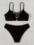 Noir Allure Criss Cross Bikini Set for Women – Chic Elegant Hollow Out Design with High Waist Buckle Detail Adjustable Spaghetti Straps & Medium Stretch Nylon – 2-Piece Women's Swimwear for Summer Beach Days & Poolside Glam