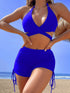 Coastal Curve Halter Bikini Set for Women – V-Neck Crisscross Drawstring Swimsuit with Chic Ring Detail & High-Waisted Boxer Shorts for Summer – Sleek Two-Piece Nylon Swimwear for Women’s Beach & Poolside Style