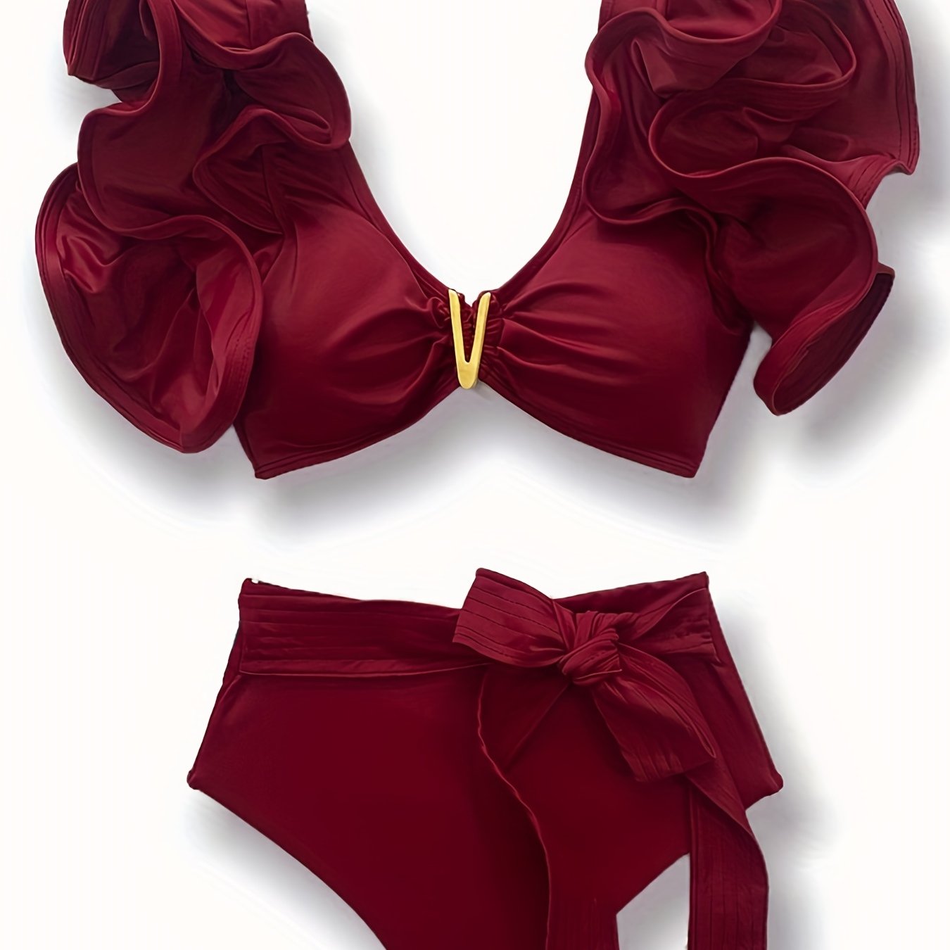 New Vibrant Ruffle V-Notch Bikini Set – Flattering Tie Front Design with High Waist & High Cut Bottoms – Solid Color Two-Piece Swimsuit for Women’s Valentine’s Day Beachwear Poolside Lounging & Summer Escapes