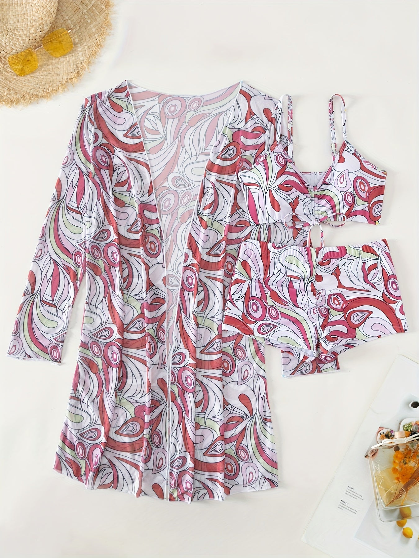 Modern Geo 3-Piece Bikini Set – Vibrant Geometric Print Fluttering Swimwear with V-Neck Top Boxer Shorts Bottoms and Long Sleeve Cover Shirt – Comfortable High-Stretch Women’s Beachwear for Pool & Summer Vacations