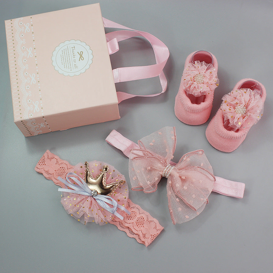 Flower Baby Girl Headband Socks Set Shoes With  Crown Bows Newborn Headbands For Girls Turban Baby Hair Accessories