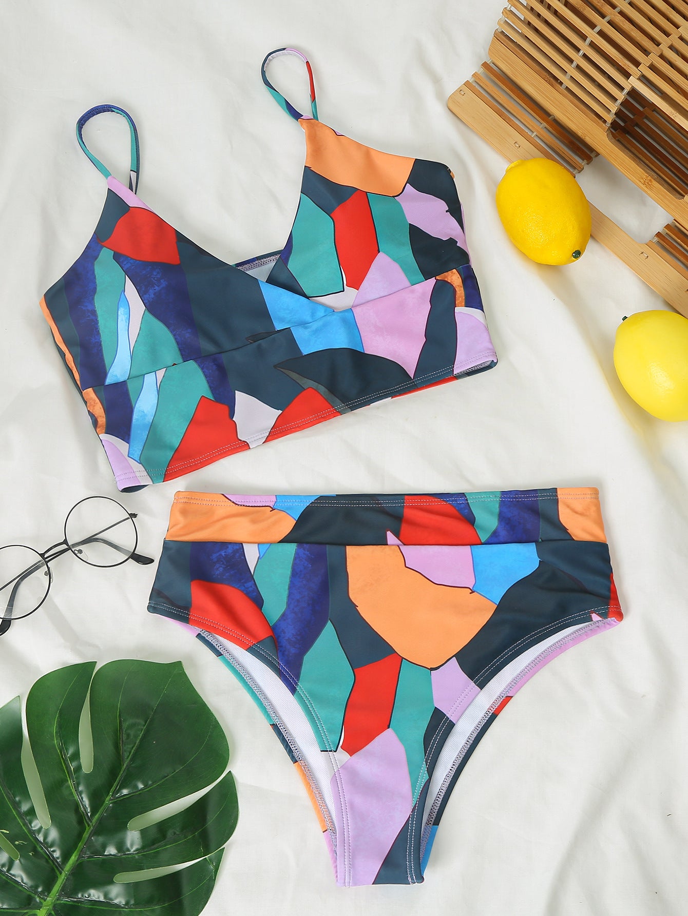 Geometric Colorful Bikini Sets Solid Color Ruffled Swimwear Bathing Suits 2 Piece Split Push Up Bandage Beachwear Women's Bikini Scoop Neck Straps Cutout Crop Top Lace Up Bottom Comfortable Beach Summer Swimsuit