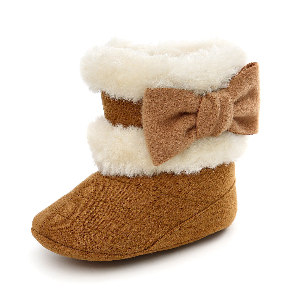 Newborn Autumn And Winter Bowknot Snow Boots Baby Shoes Baby Boots Cotton Boots Baby's Shoes Toddler Shoes Infant Baby Girls Winter Warm Crown Fur Mid-Calf Length Slip-On Furry Boots 0-18M