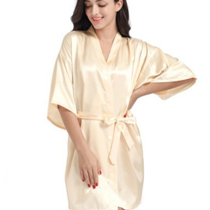 Luxury White Silk Women Bathrobe Soft Short Ladies Sleepwear Indoor Bathrobe Party Sleepwear With Waist Belt