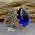 Real 925 Sterling Silver Men Rings Oval Natural Agate Stone Rings Castle Thai Silver Men Rings Turkish Wedding  Jewelry Rings Artisan Diamond Blue Gem Carved Ring